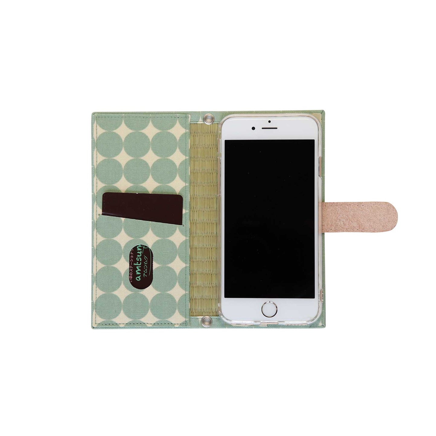 iPhoneケース 手帳型(8/7/SE2)(色:キナリ 柄:ドットグリーン)