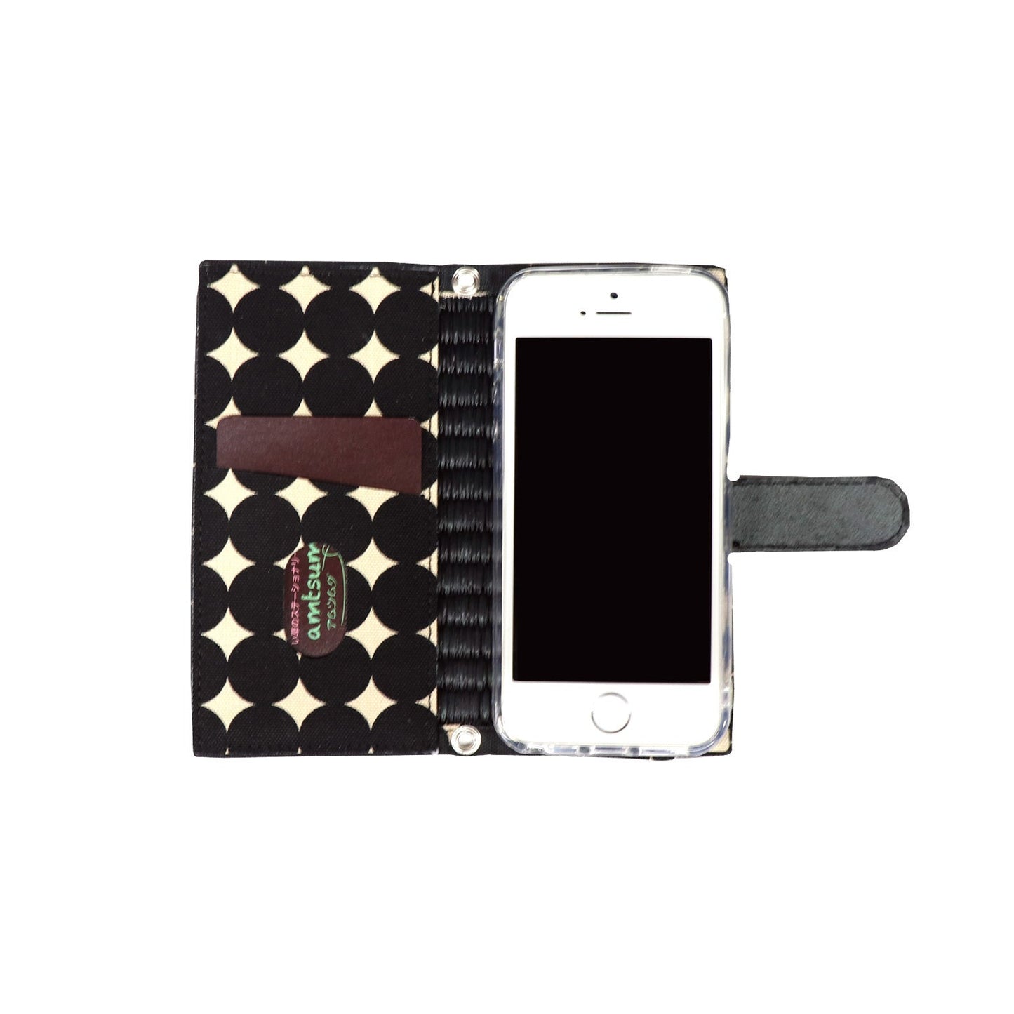 iPhoneケース 手帳型(SE/5/5S)(色:黒 柄:ドットブラック)