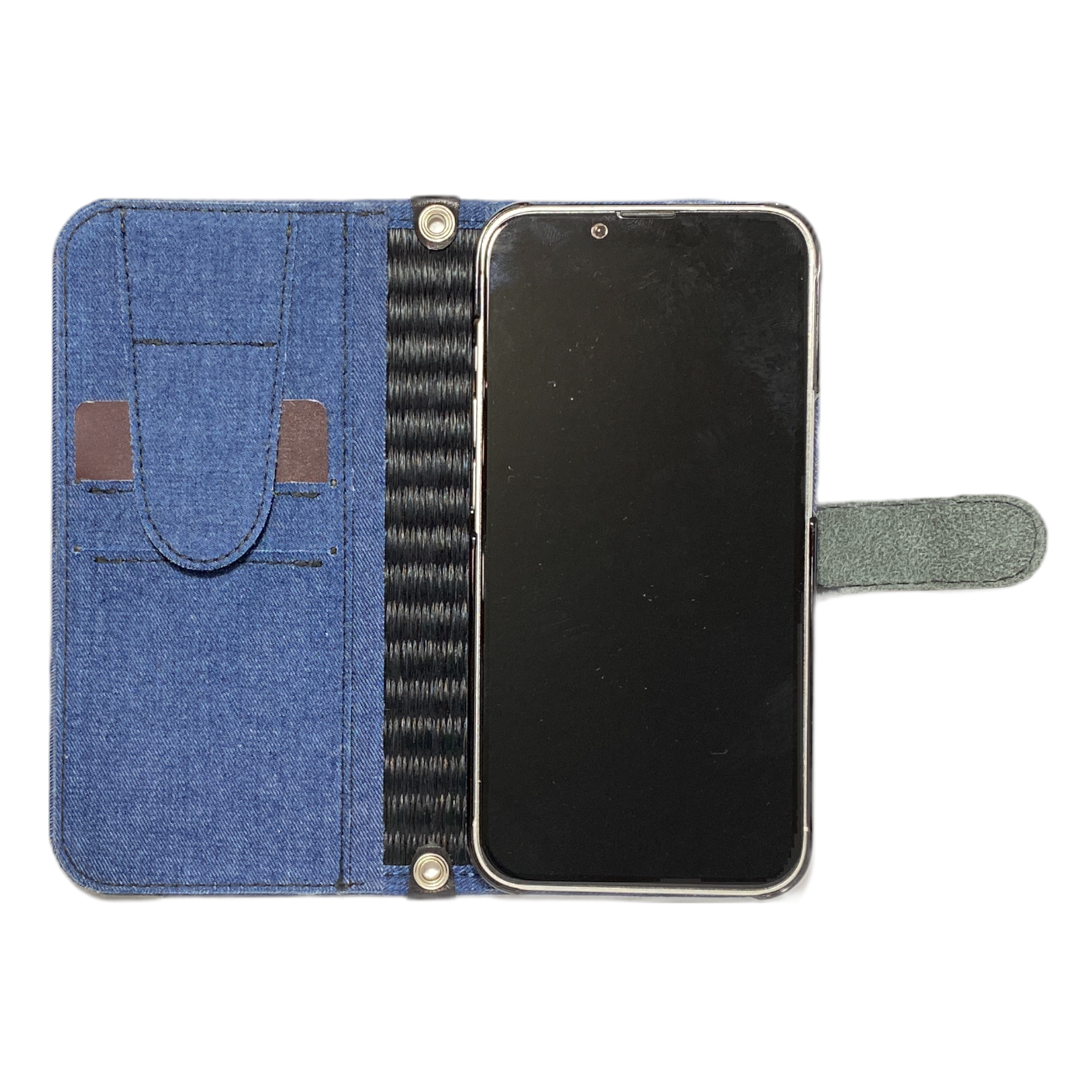 畳のスマートフォンケースR (iPhone13用) (色:黒 柄:デニム)