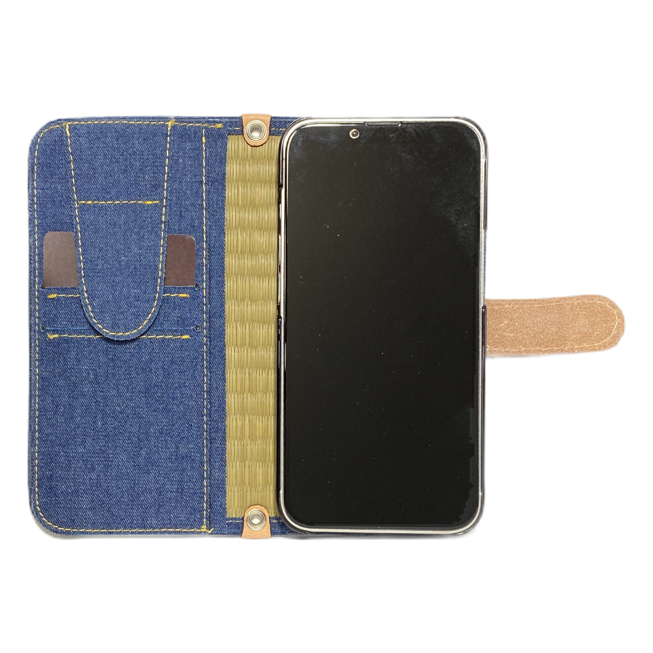 畳のスマートフォンケースR (iPhone13用) (色:生成 柄:デニム)