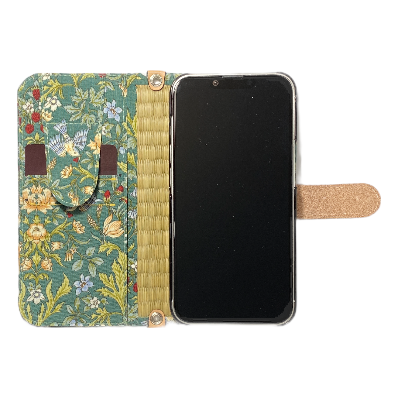 畳のスマートフォンケースR (iPhone13用) (色:生成 柄:ワイルドストロベリー グリン)