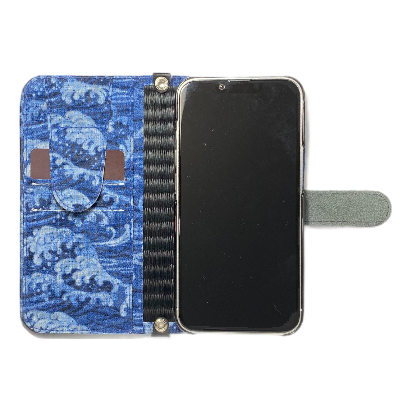 畳のスマートフォンケースR (iPhone13用) (色:黒 柄:波)