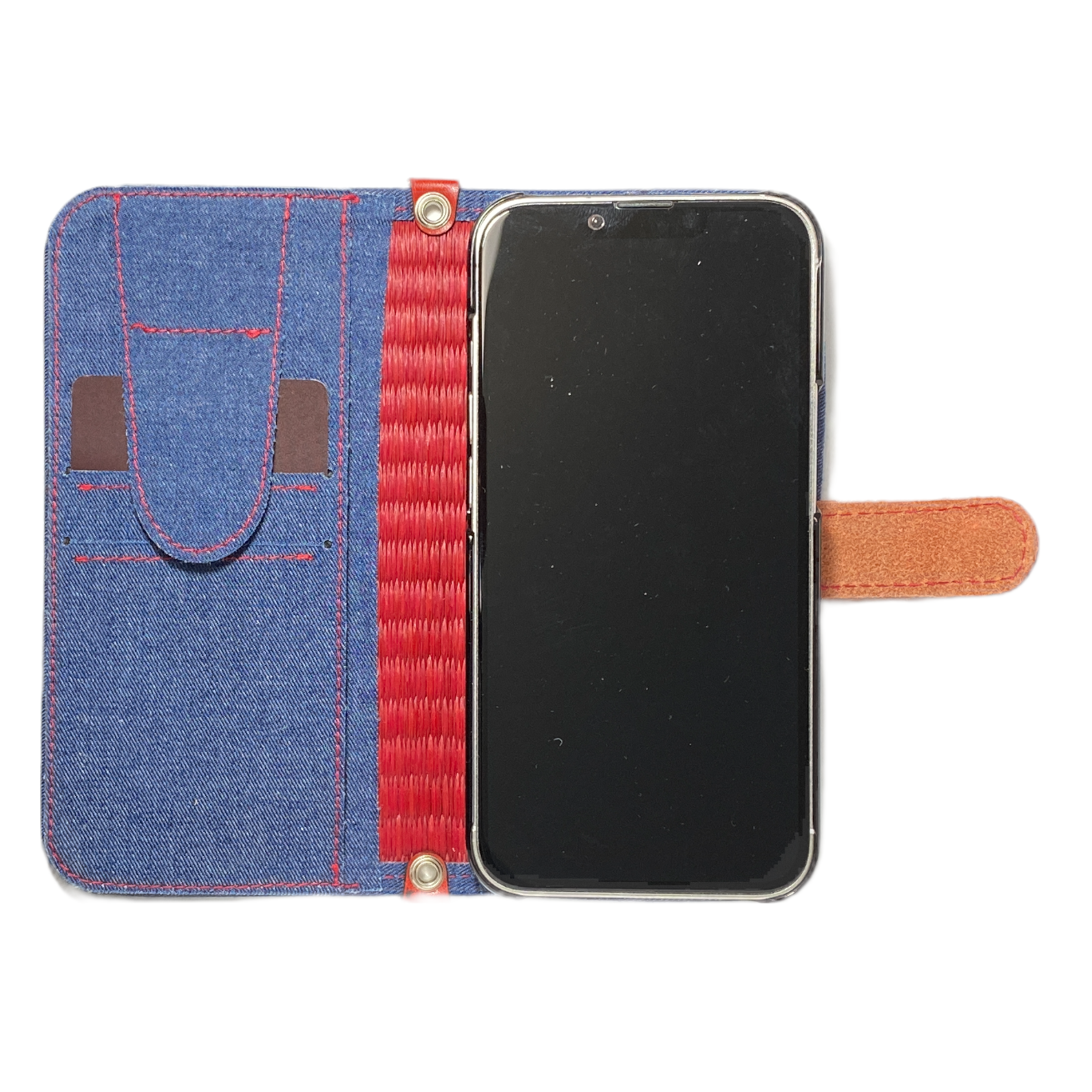 畳のスマートフォンケースR (iPhone12/12 Pro用) (色:赤 柄:デニム)